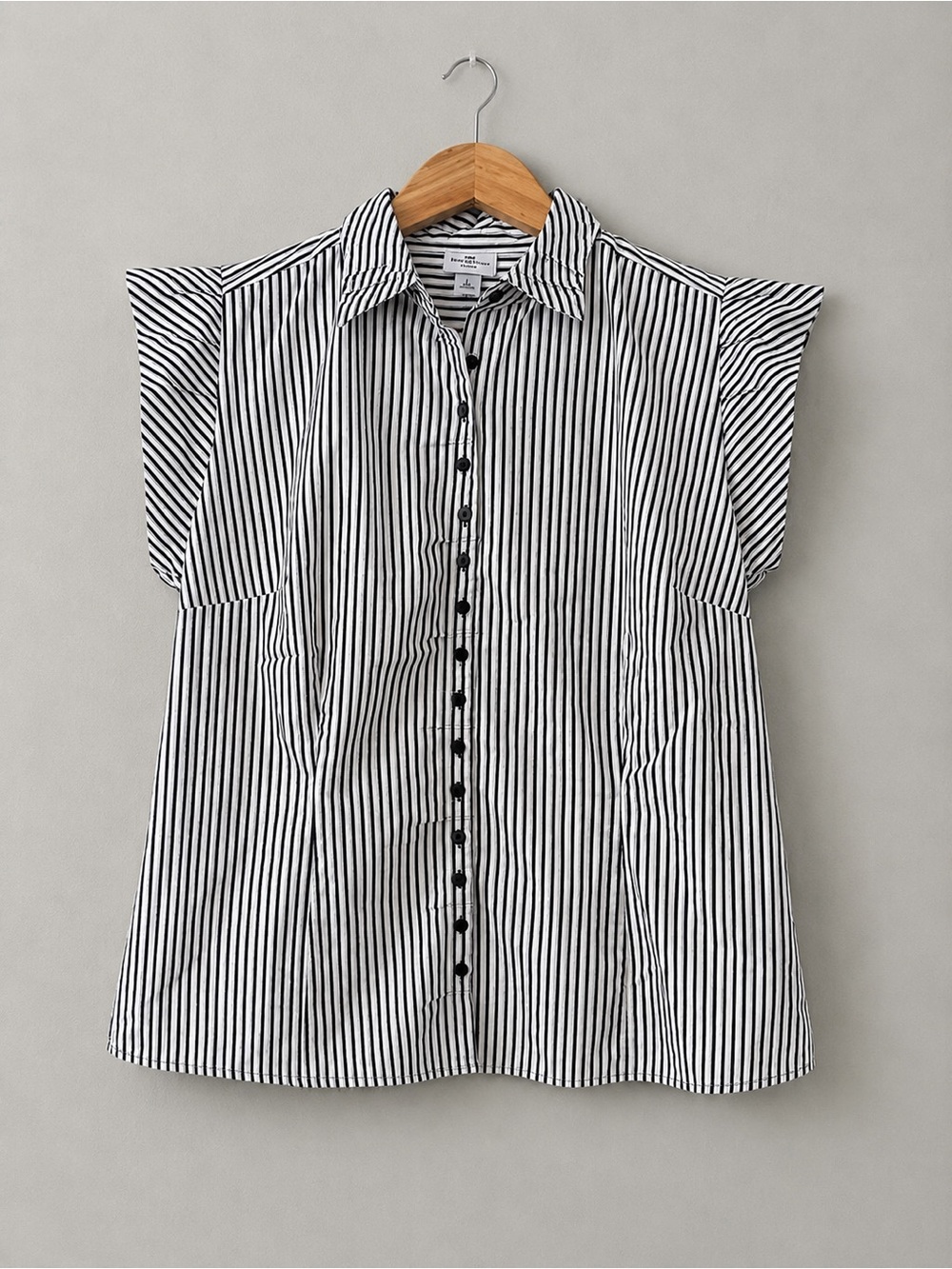 Worthington Stretch Blouse L Black/gray White Stripe Flutter Sleeve  Top